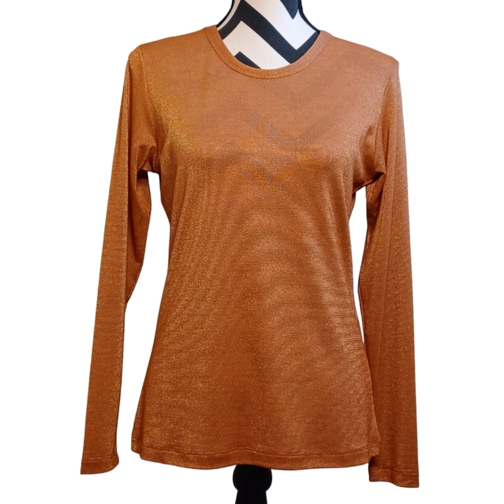 Two Birds in Paris Burnt Orange Metallic Silver Long-Sleeve Top